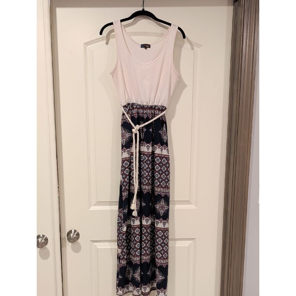 Sleeveless White & Navy Printed Maxi Dress with Rope Belt